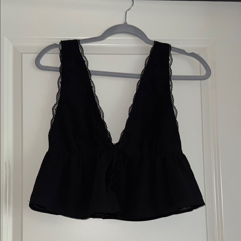 Black Lace Trim V-Neck Top